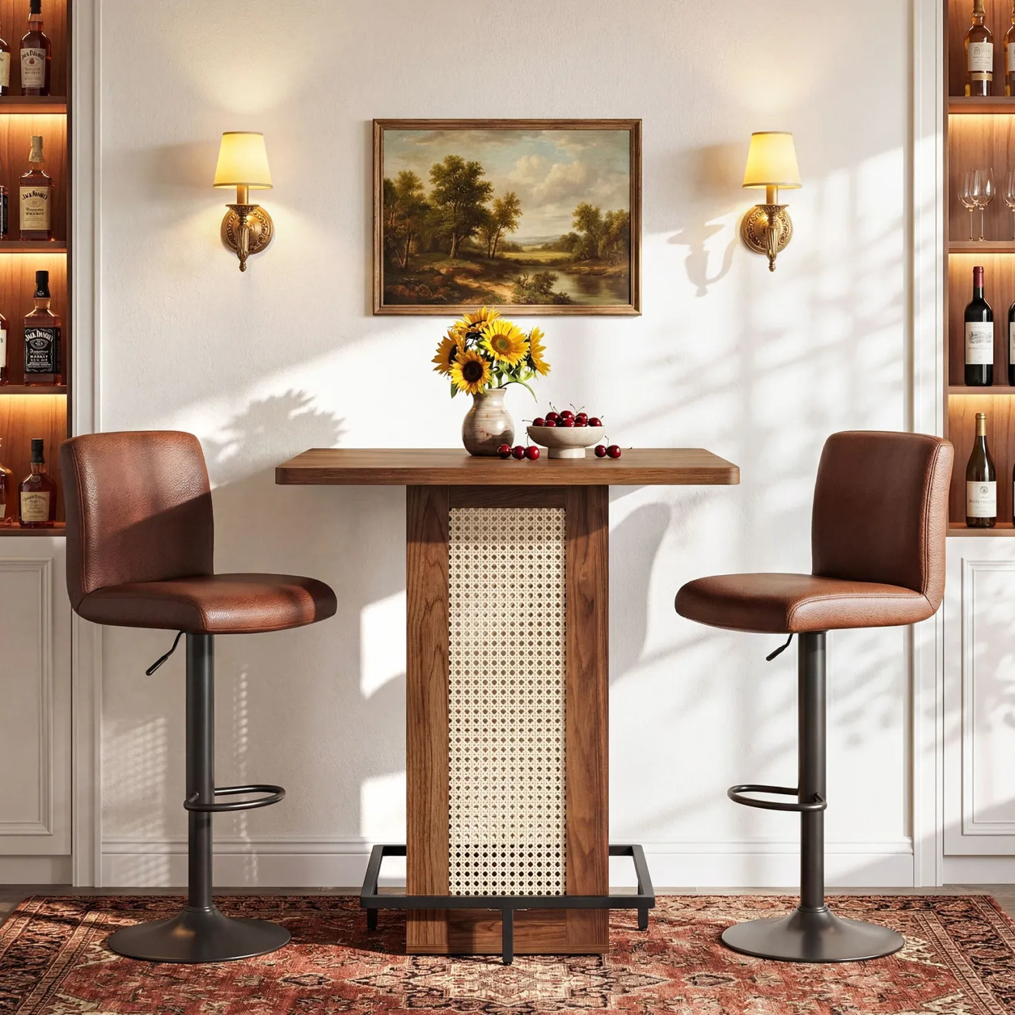 31.5" Square Bar Table, Rattan Pub Table with Footrest for Kitchen Breakfast Nook