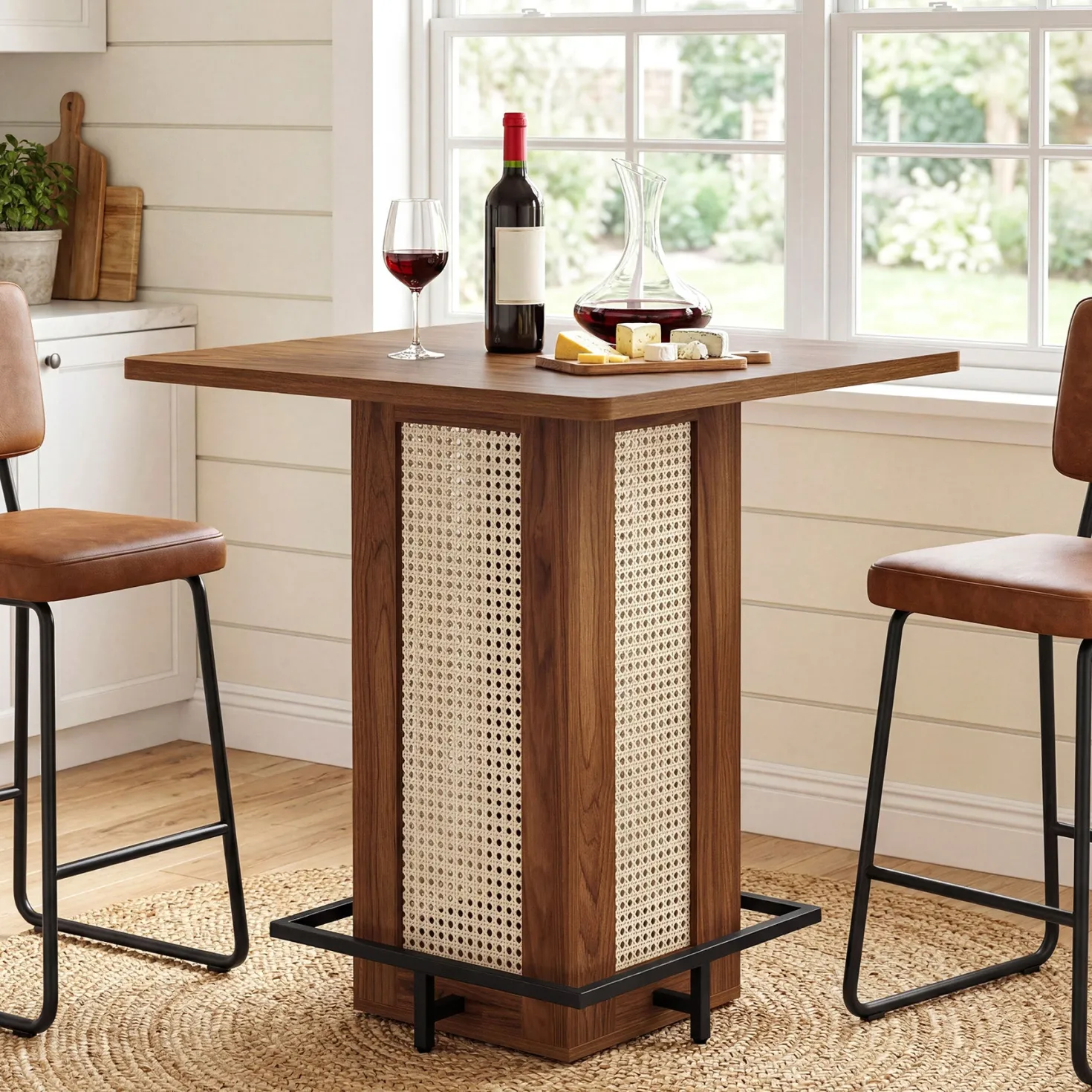 31.5" Square Bar Table, Rattan Pub Table with Footrest for Kitchen Breakfast Nook