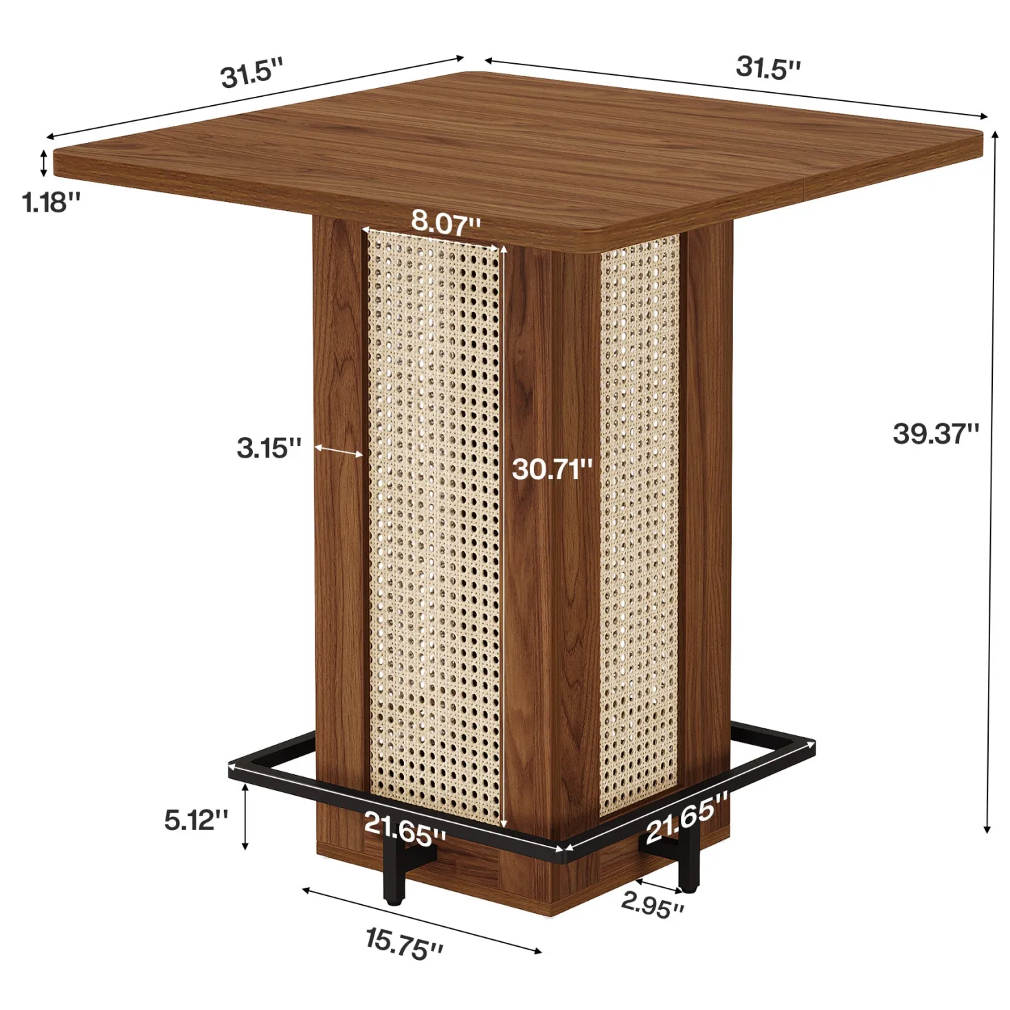31.5" Square Bar Table, Rattan Pub Table with Footrest for Kitchen Breakfast Nook