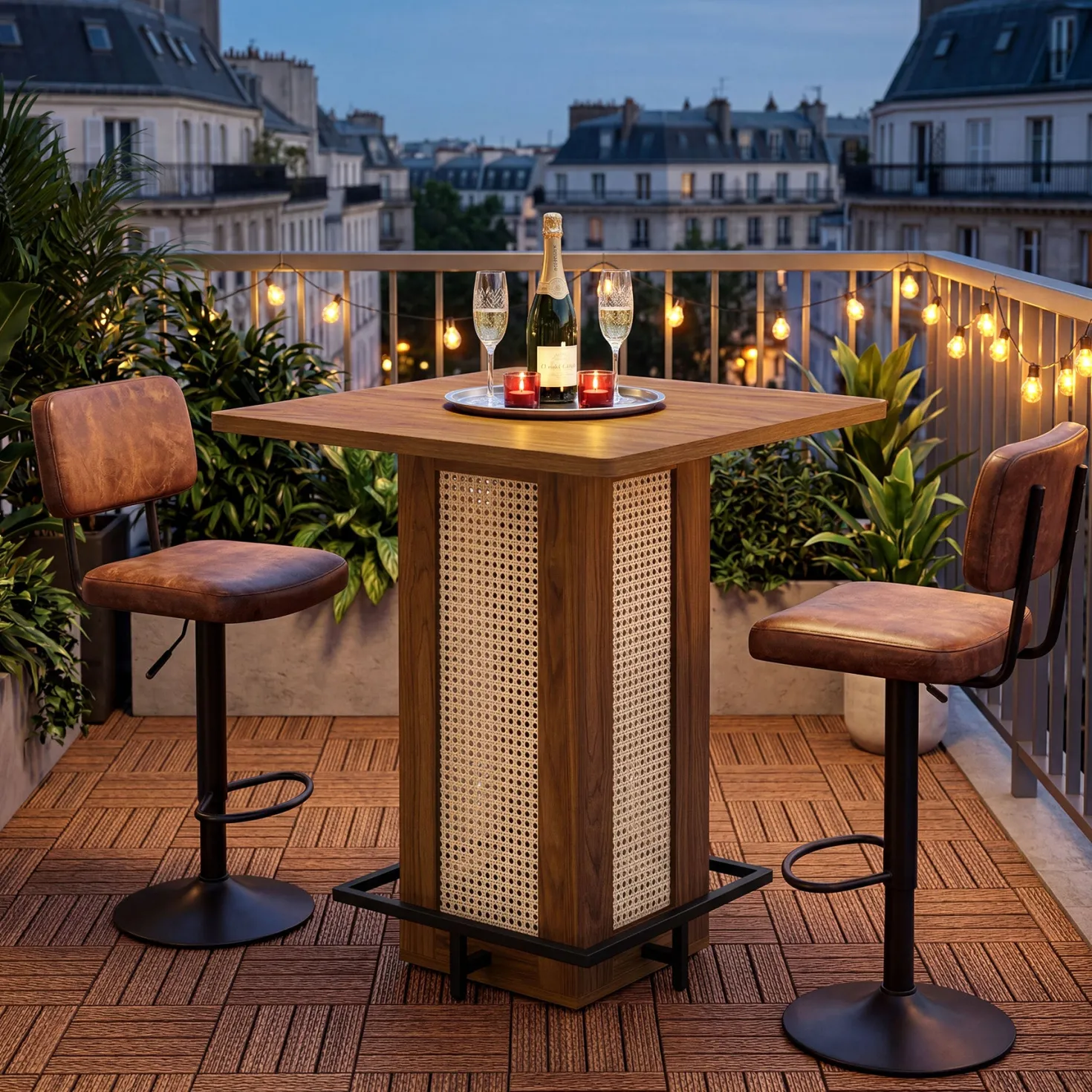 31.5" Square Bar Table, Rattan Pub Table with Footrest for Kitchen Breakfast Nook