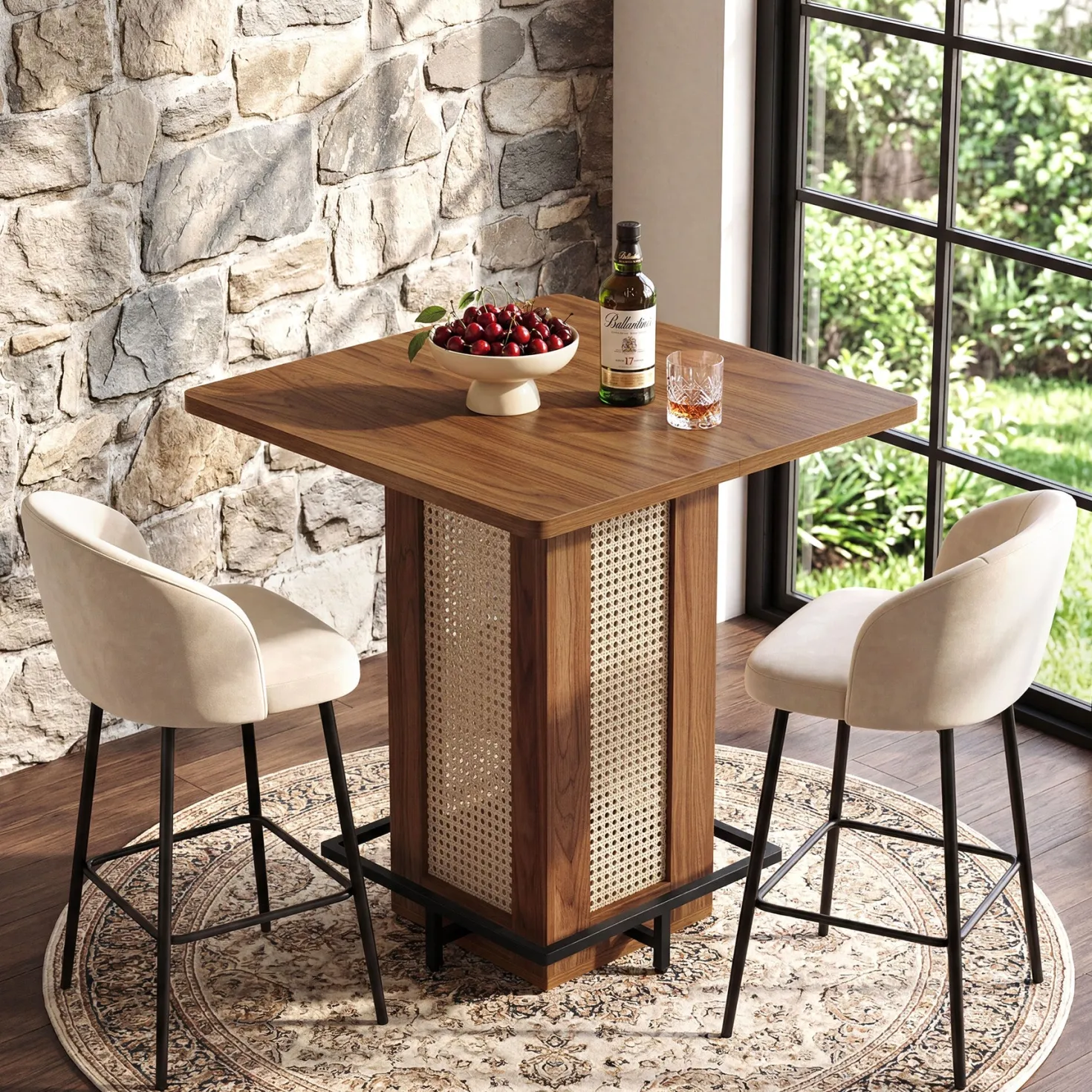 31.5" Square Bar Table, Rattan Pub Table with Footrest for Kitchen Breakfast Nook