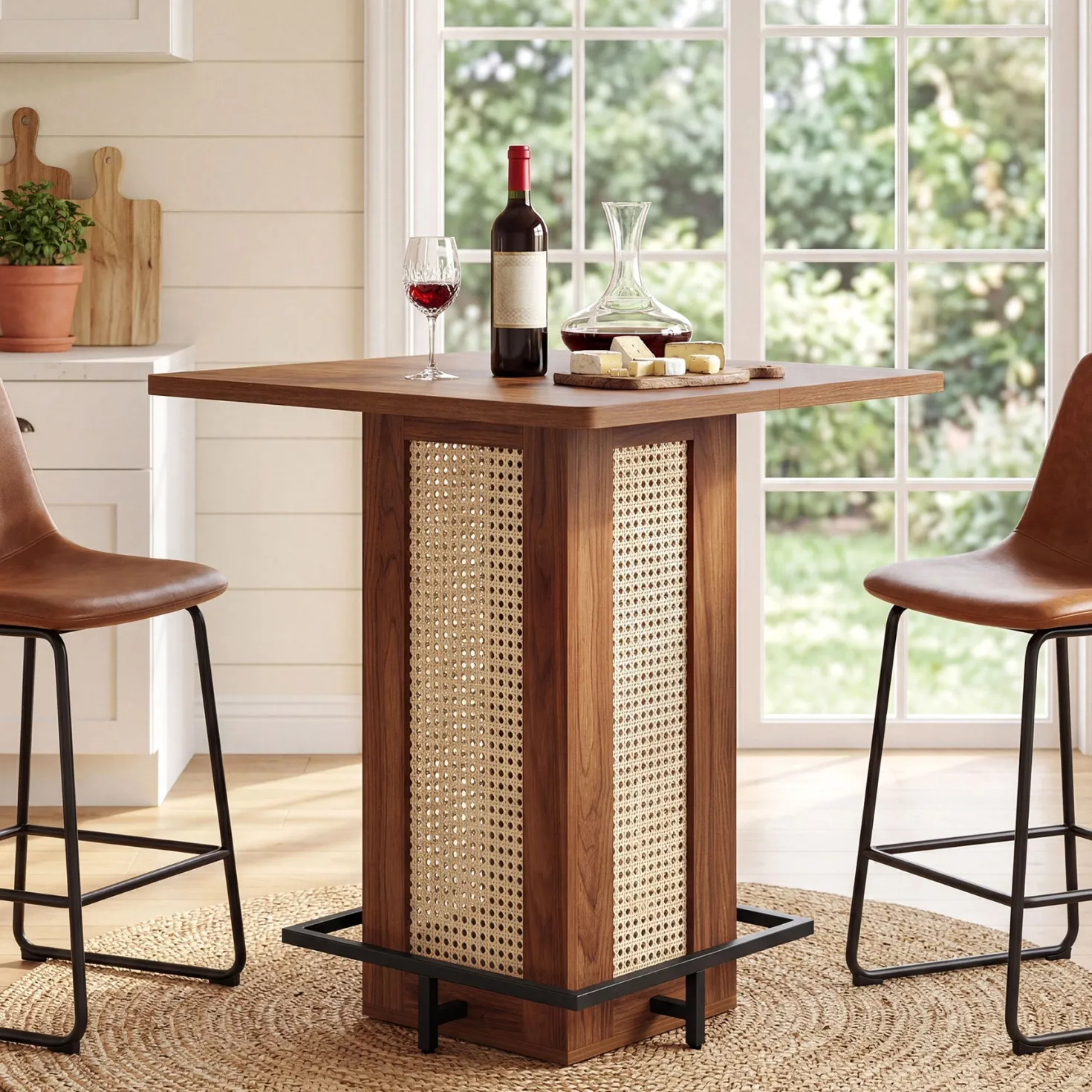31.5" Square Bar Table, Rattan Pub Table with Footrest for Kitchen Breakfast Nook