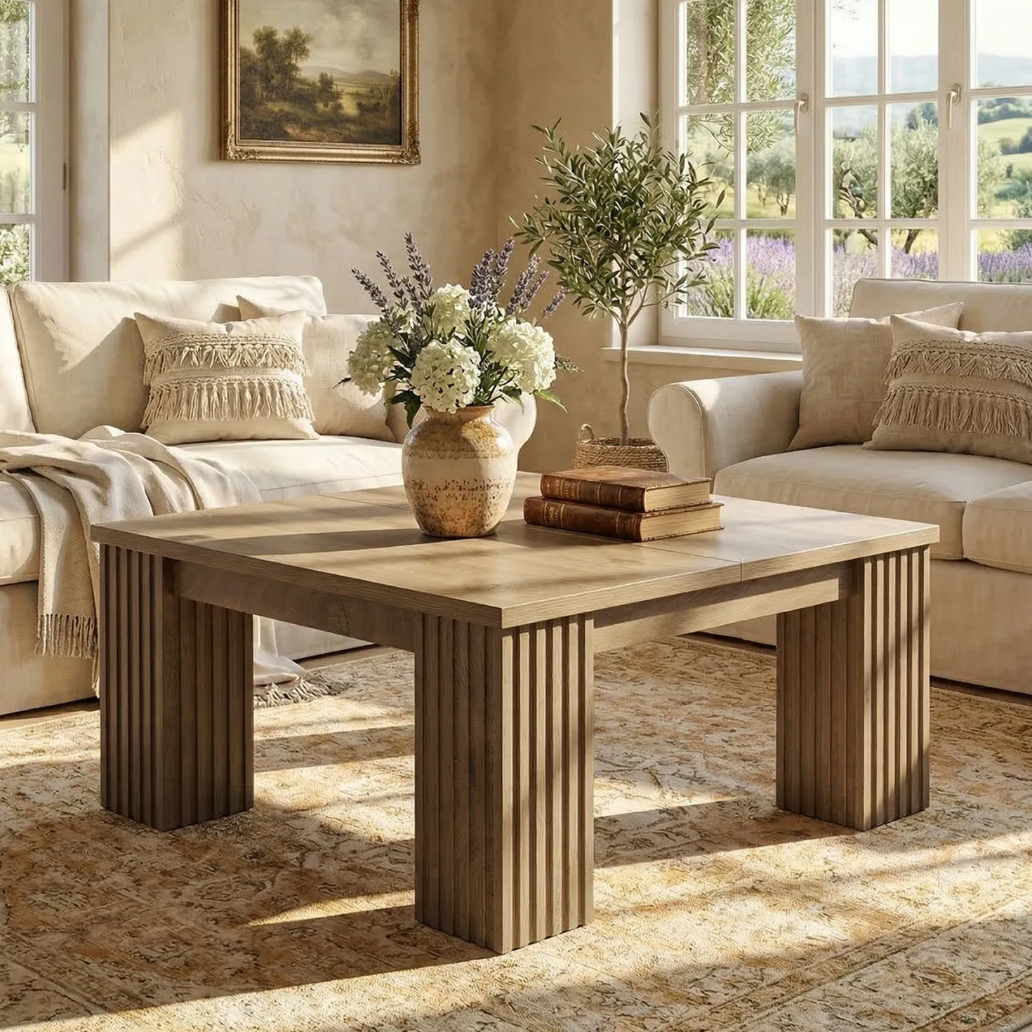 39" Square Coffee Table, Farmhouse Center Table with Fluted Legs
