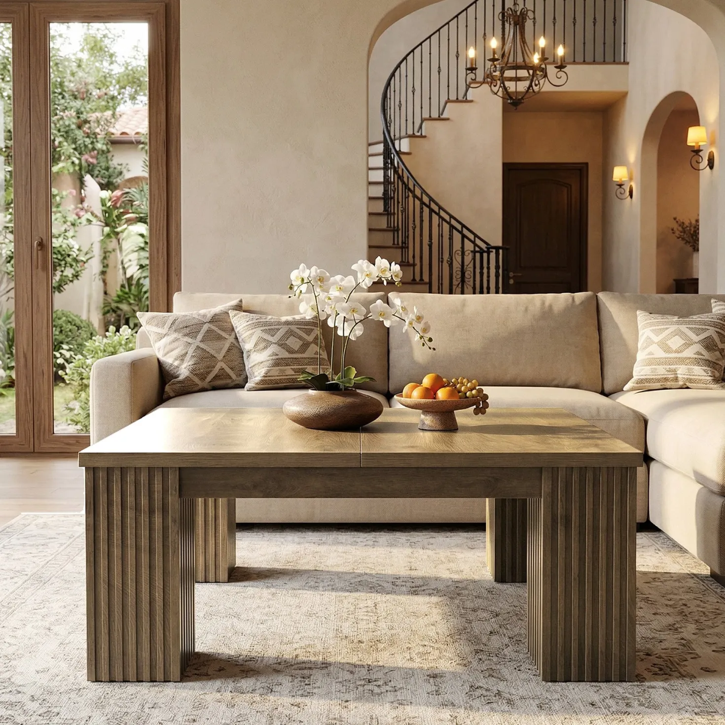 39" Square Coffee Table, Farmhouse Center Table with Fluted Legs