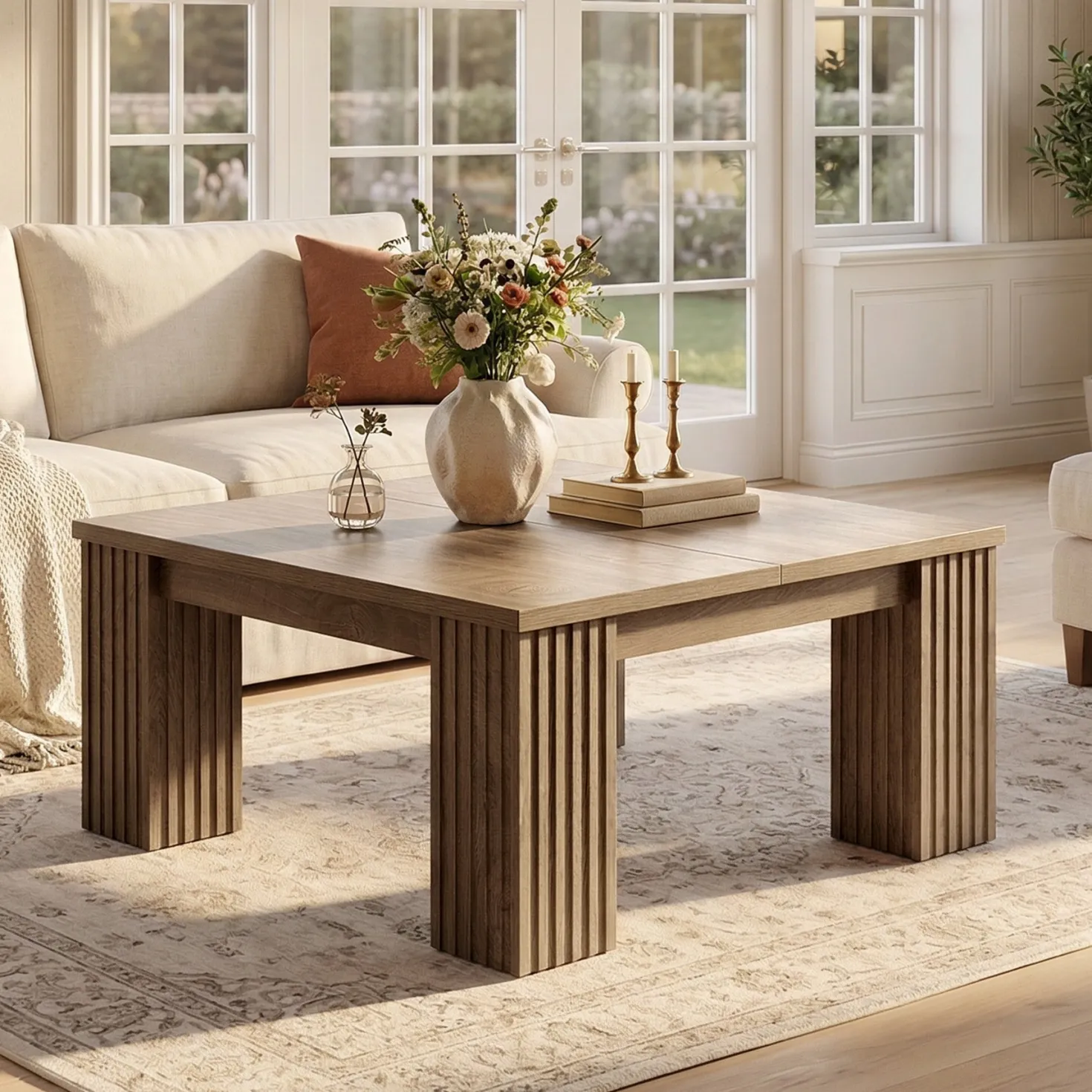 39" Square Coffee Table, Farmhouse Center Table with Fluted Legs