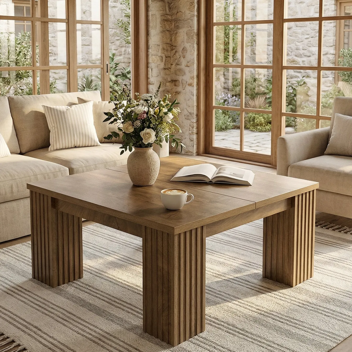 39" Square Coffee Table, Farmhouse Center Table with Fluted Legs