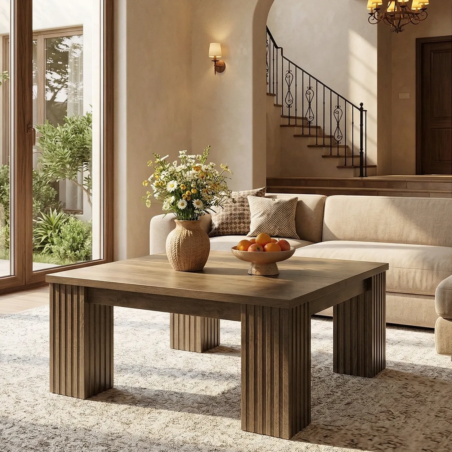 39" Square Coffee Table, Farmhouse Center Table with Fluted Legs