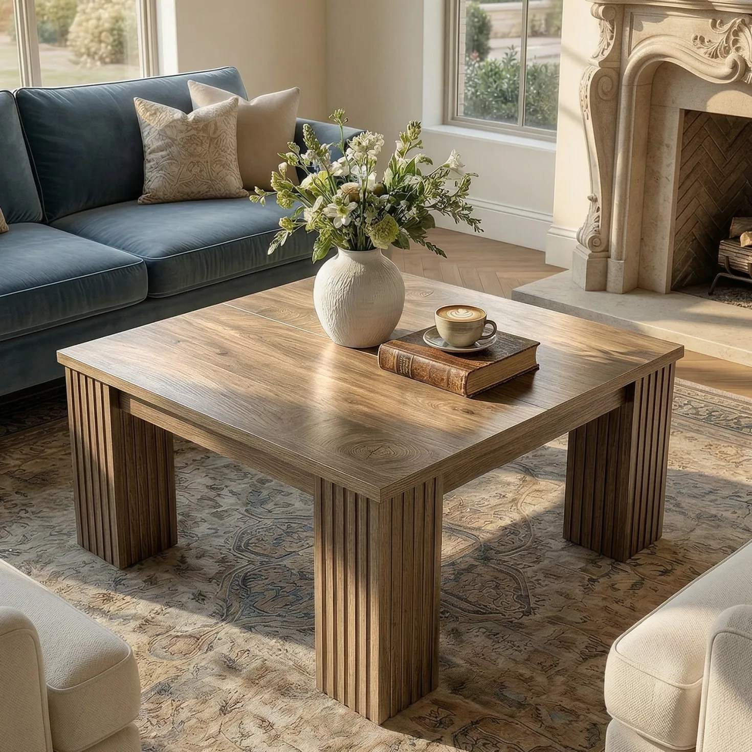 39" Square Coffee Table, Farmhouse Center Table with Fluted Legs
