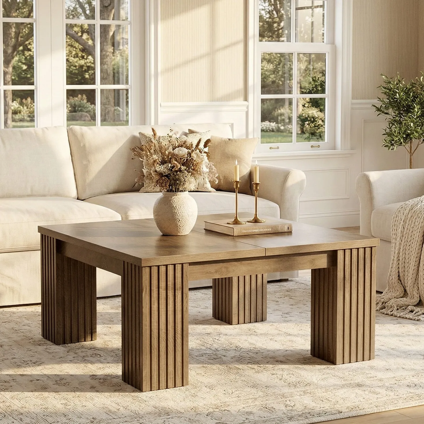 39" Square Coffee Table, Farmhouse Center Table with Fluted Legs