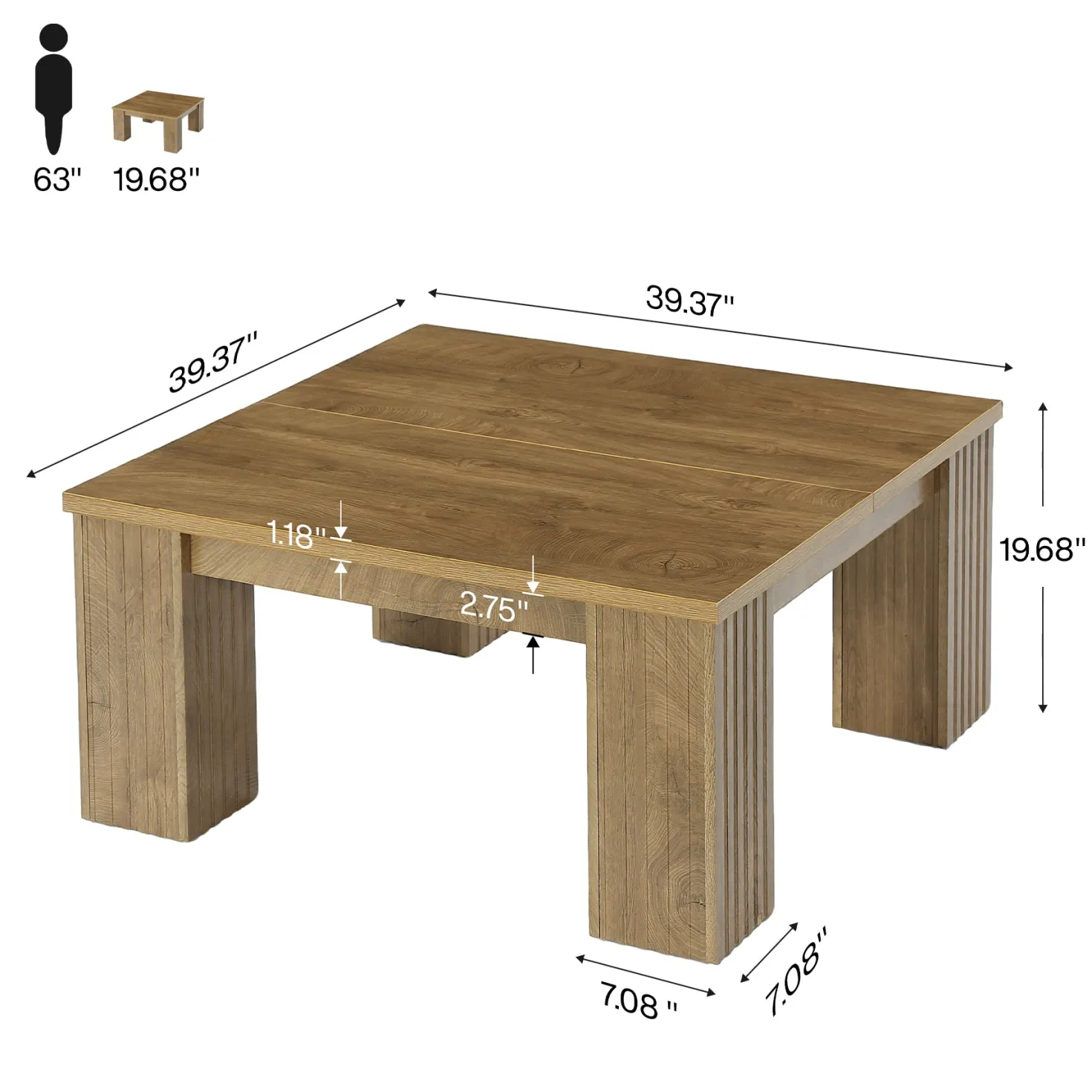 39" Square Coffee Table, Farmhouse Center Table with Fluted Legs