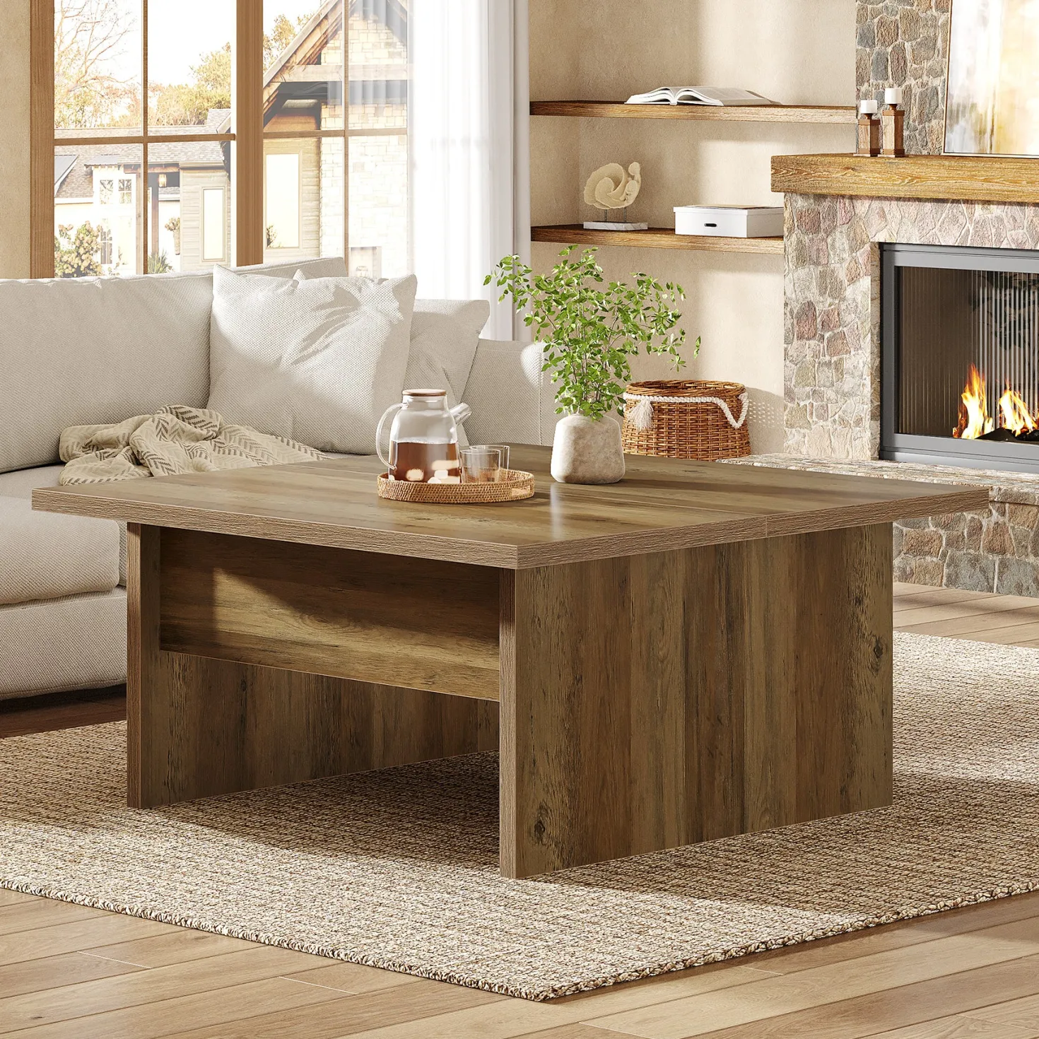 39.4" Square Coffee Table, Farmhouse Cocktail Tea Center Table for Living Room