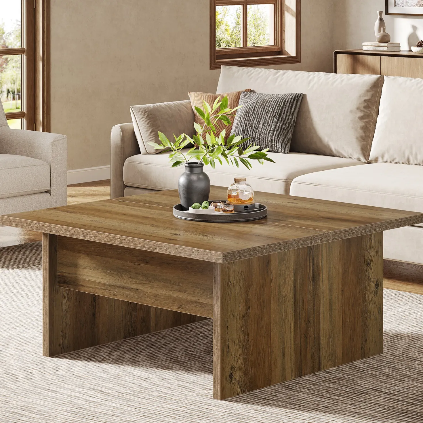 39.4" Square Coffee Table, Farmhouse Cocktail Tea Center Table for Living Room