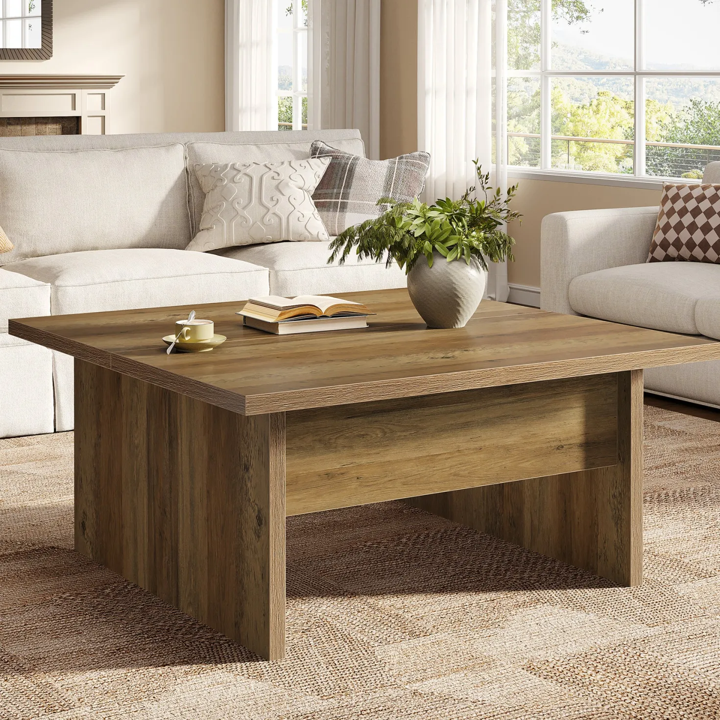 39.4" Square Coffee Table, Farmhouse Cocktail Tea Center Table for Living Room