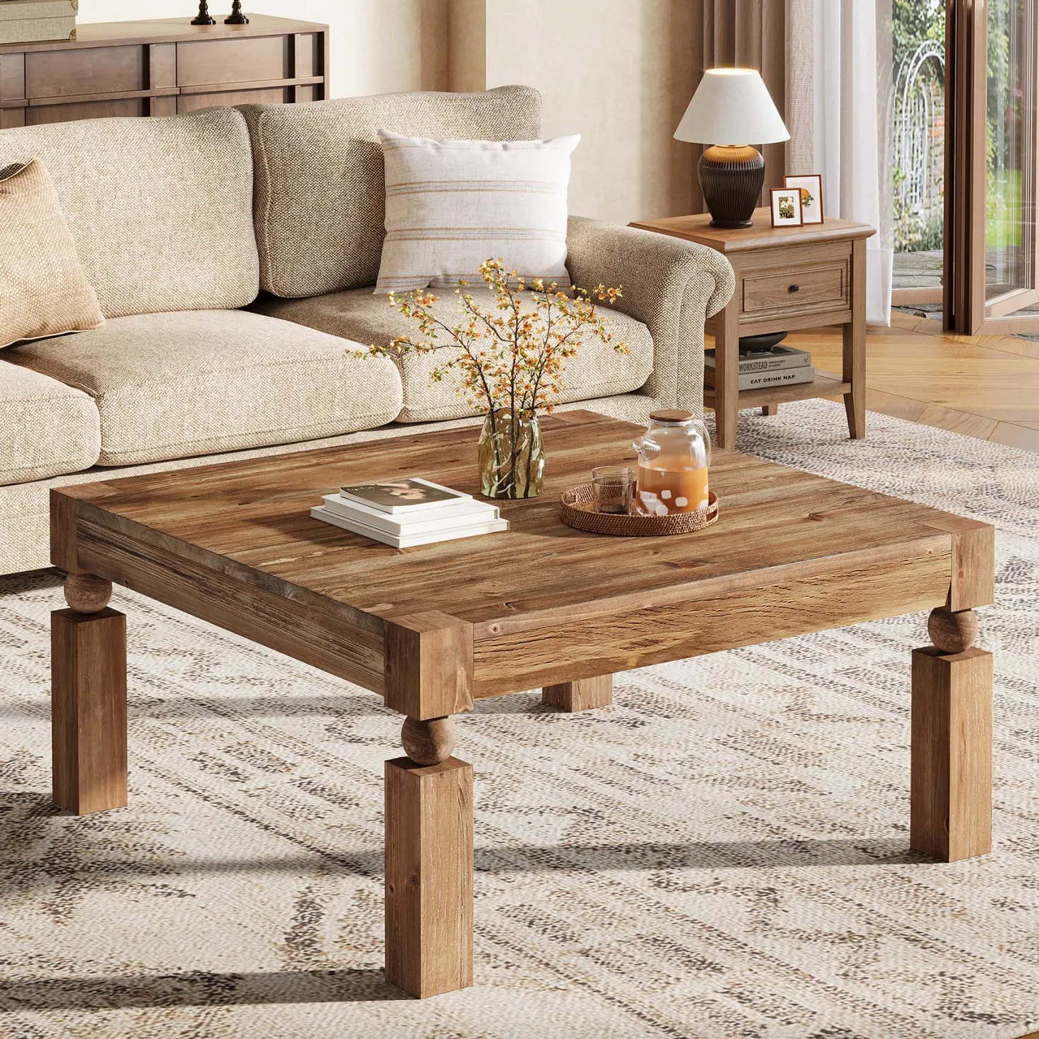 39" Square Coffee Table, Farmhouse Wood Accent Center Table with Sturdy Legs