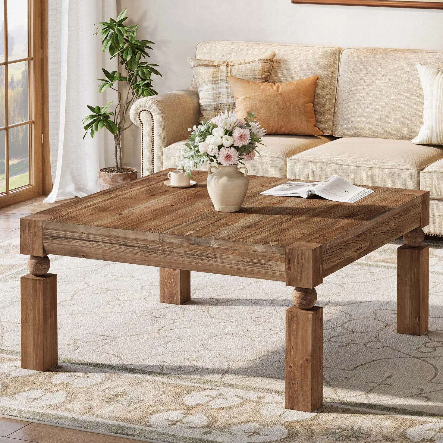 39" Square Coffee Table, Farmhouse Wood Accent Center Table with Sturdy Legs