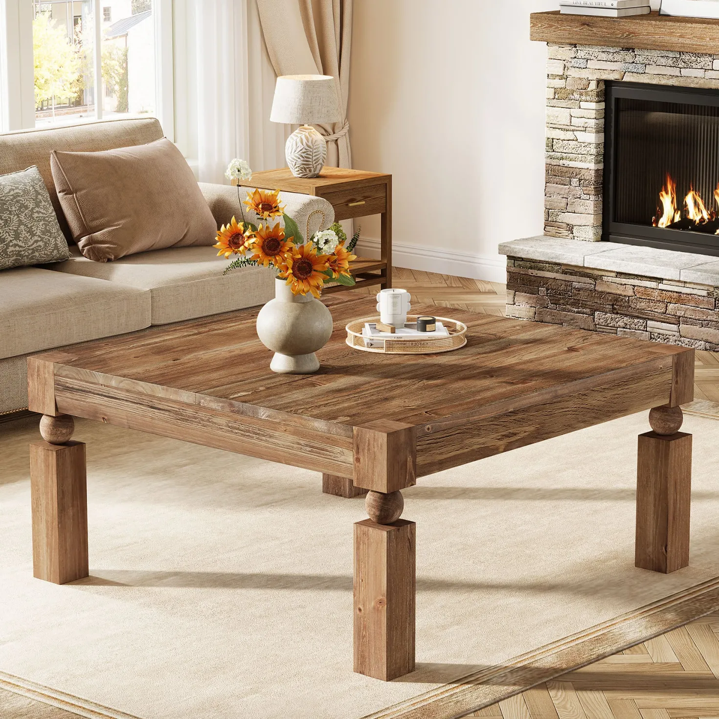 39" Square Coffee Table, Farmhouse Wood Accent Center Table with Sturdy Legs