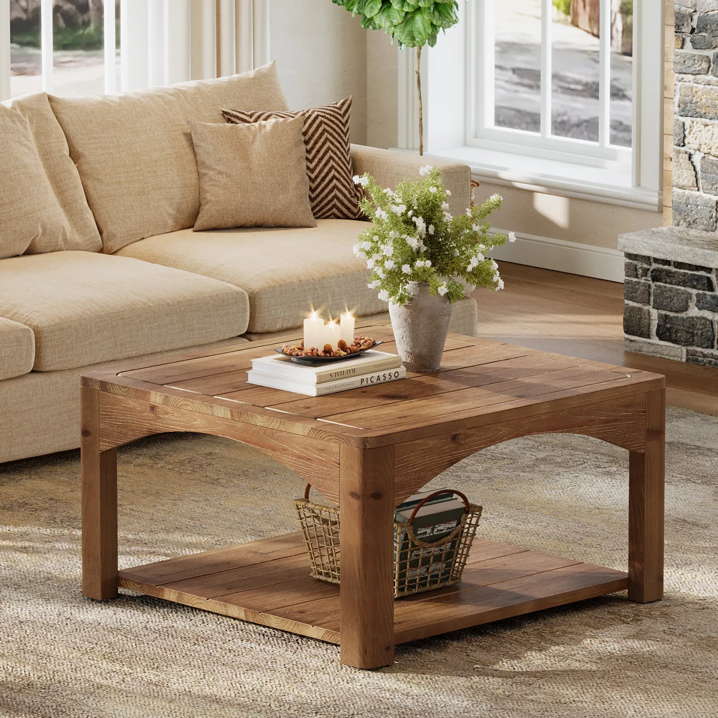 31.5" Square Coffee Table, Solid Wood 2-Tier Center Table for Living Room