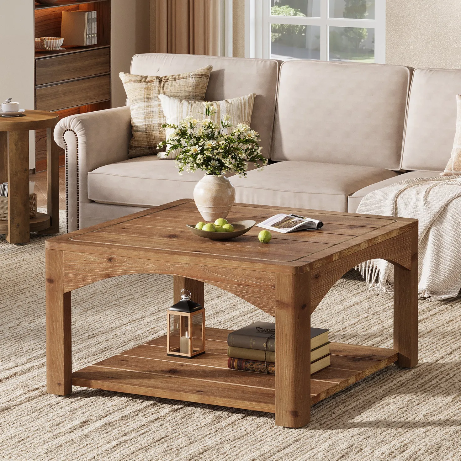 31.5" Square Coffee Table, Solid Wood 2-Tier Center Table for Living Room