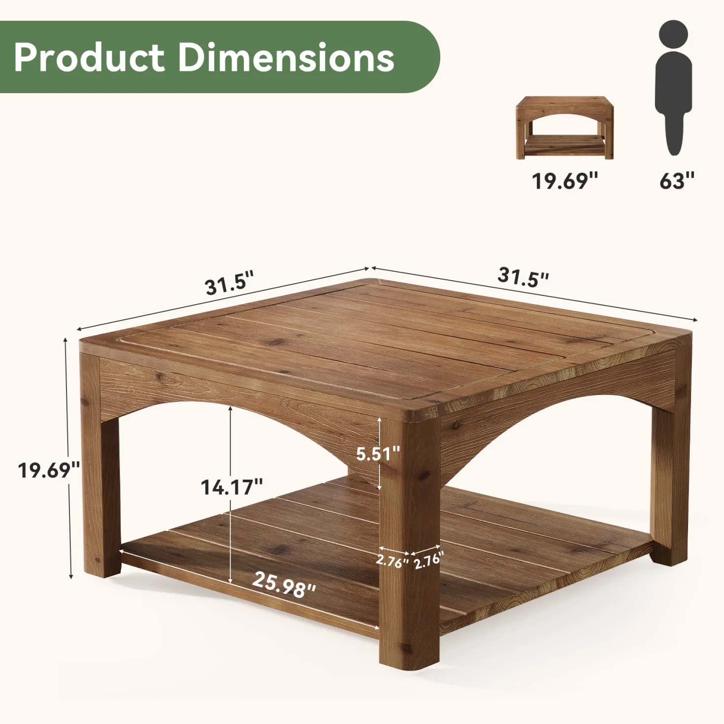 31.5" Square Coffee Table, Solid Wood 2-Tier Center Table for Living Room