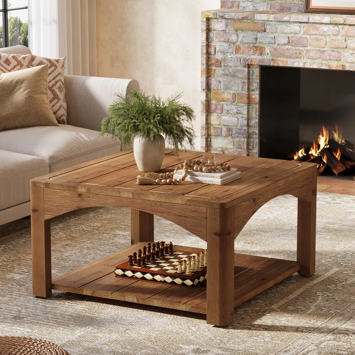 31.5" Square Coffee Table, Solid Wood 2-Tier Center Table for Living Room