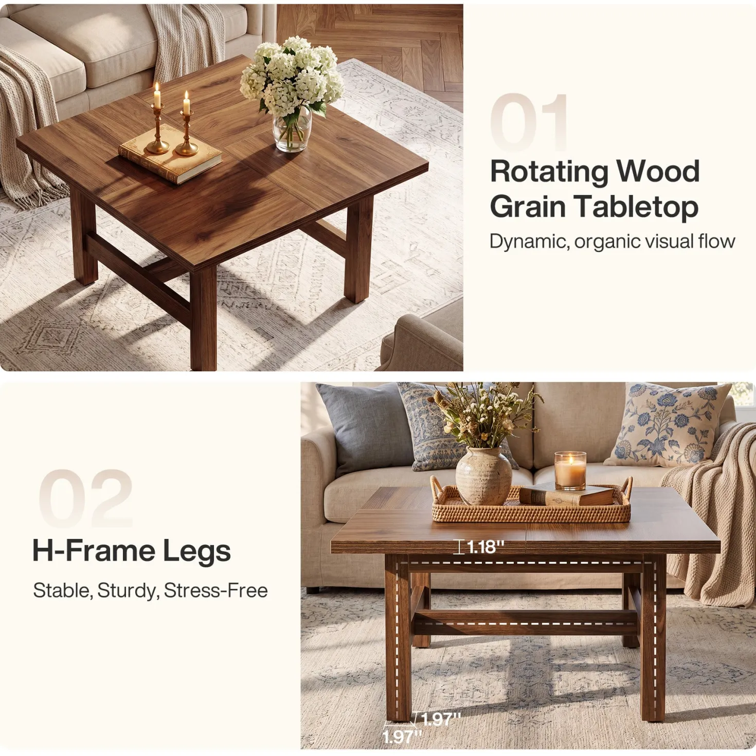 31" Square Coffee Table, Wooden Farmhouse Center Table with Sturdy Legs