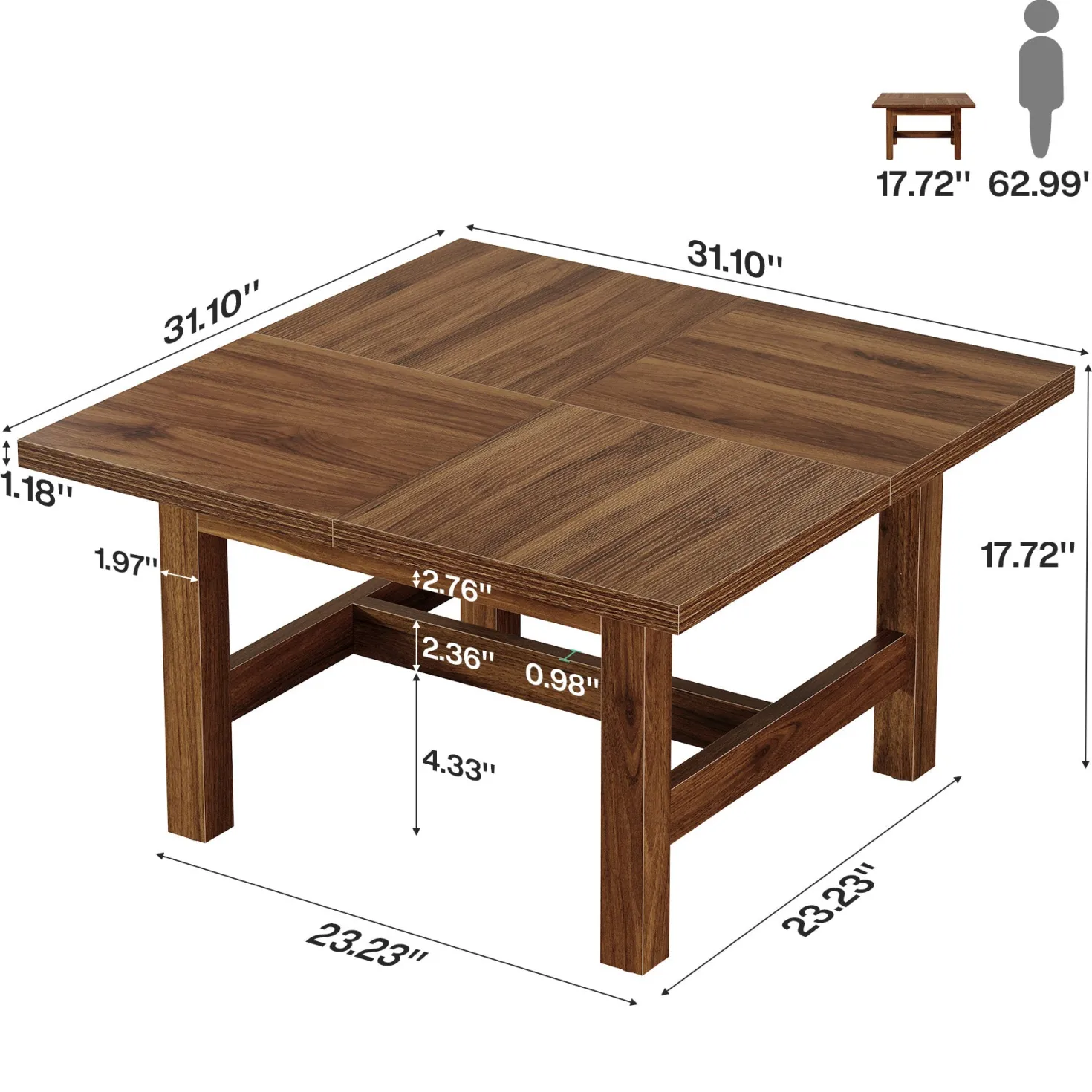 31" Square Coffee Table, Wooden Farmhouse Center Table with Sturdy Legs