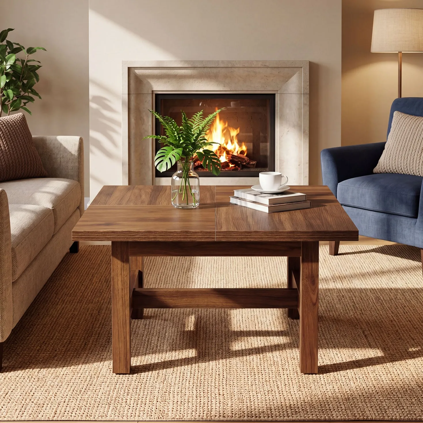 31" Square Coffee Table, Wooden Farmhouse Center Table with Sturdy Legs