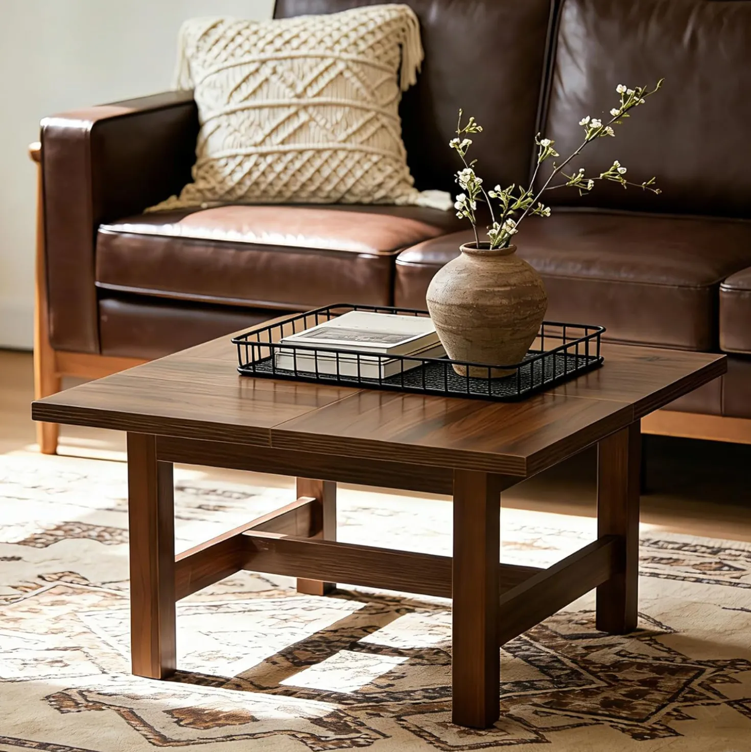 31" Square Coffee Table, Wooden Farmhouse Center Table with Sturdy Legs