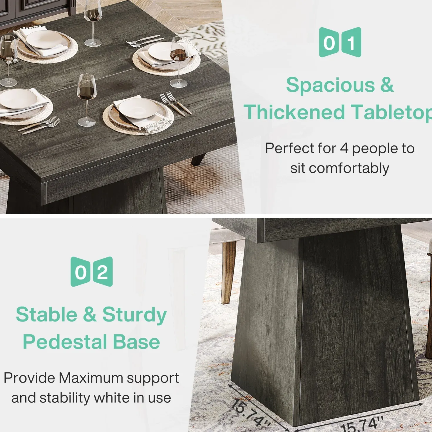 31.5" Square Dining Table, Small Farmhouse Kitchen Dinner Table for 4 People