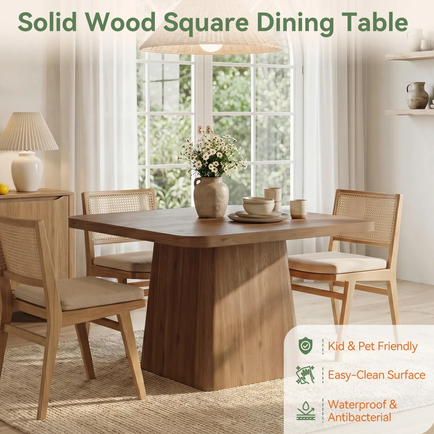 39" Square Solid Wood Dining Table for 2-4 People, Modern Kitchen Table with Pedestal Base (Only Table)