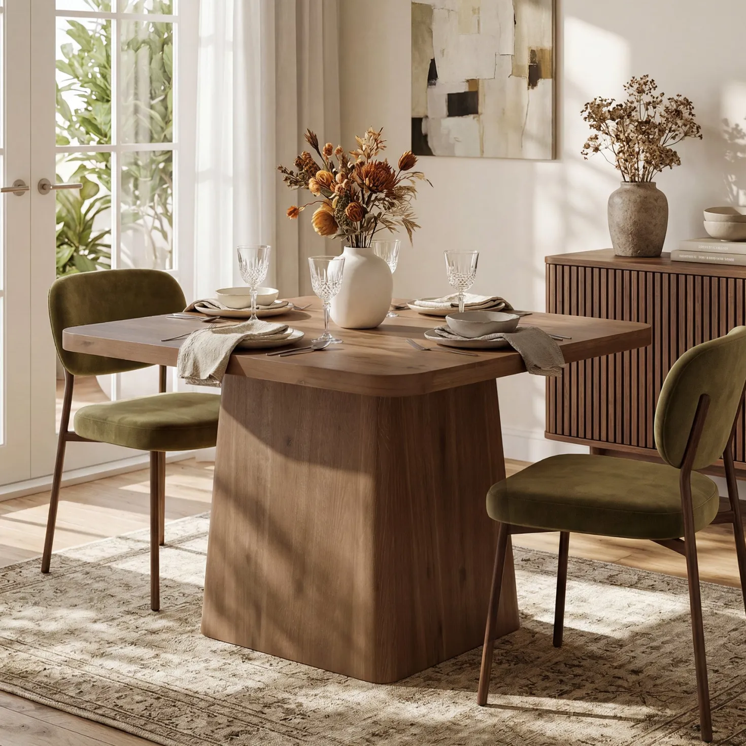39" Square Solid Wood Dining Table for 2-4 People, Modern Kitchen Table with Pedestal Base (Only Table)