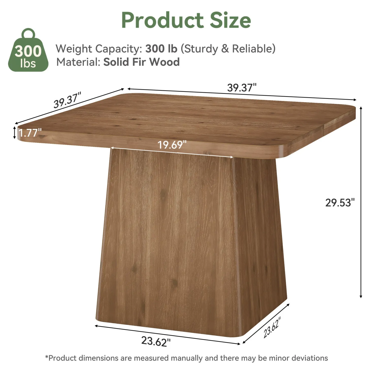 39" Square Solid Wood Dining Table for 2-4 People, Modern Kitchen Table with Pedestal Base (Only Table)