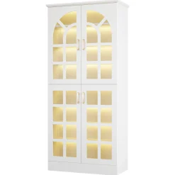 69" Storage Cabinet, Modern Bookcase with Doors and LED Lights