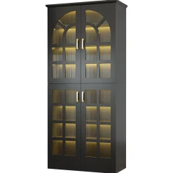 69" Storage Cabinet, Modern Bookcase with Doors and LED Lights