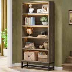 70.8" Tall Bookcase, 5-Tier Free-Standing Bookshelf Organizer with LED Lights