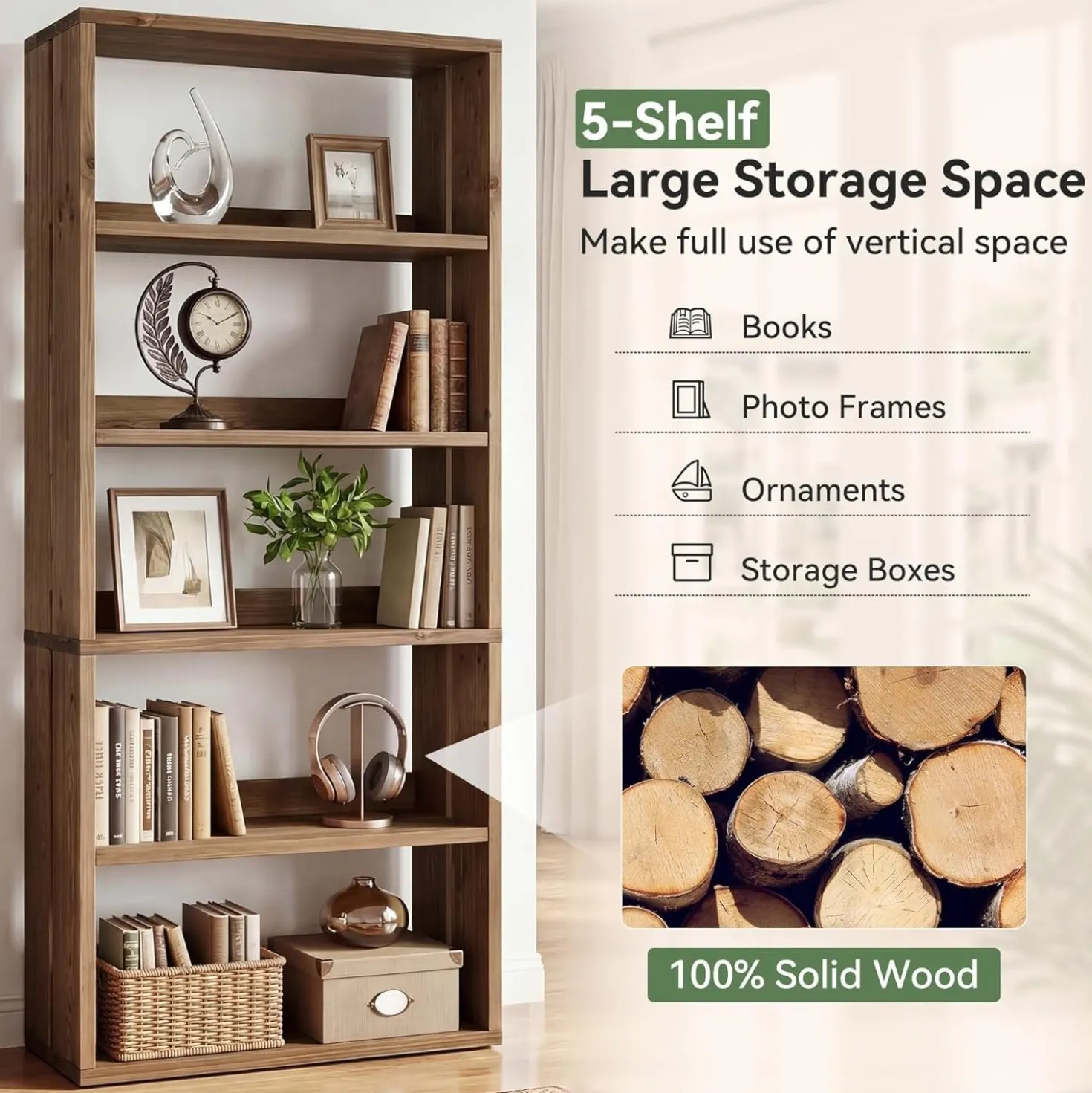 70.8" Tall Bookcase,5-Tier Solid Wood Bookshelf Display Rack for Living Room