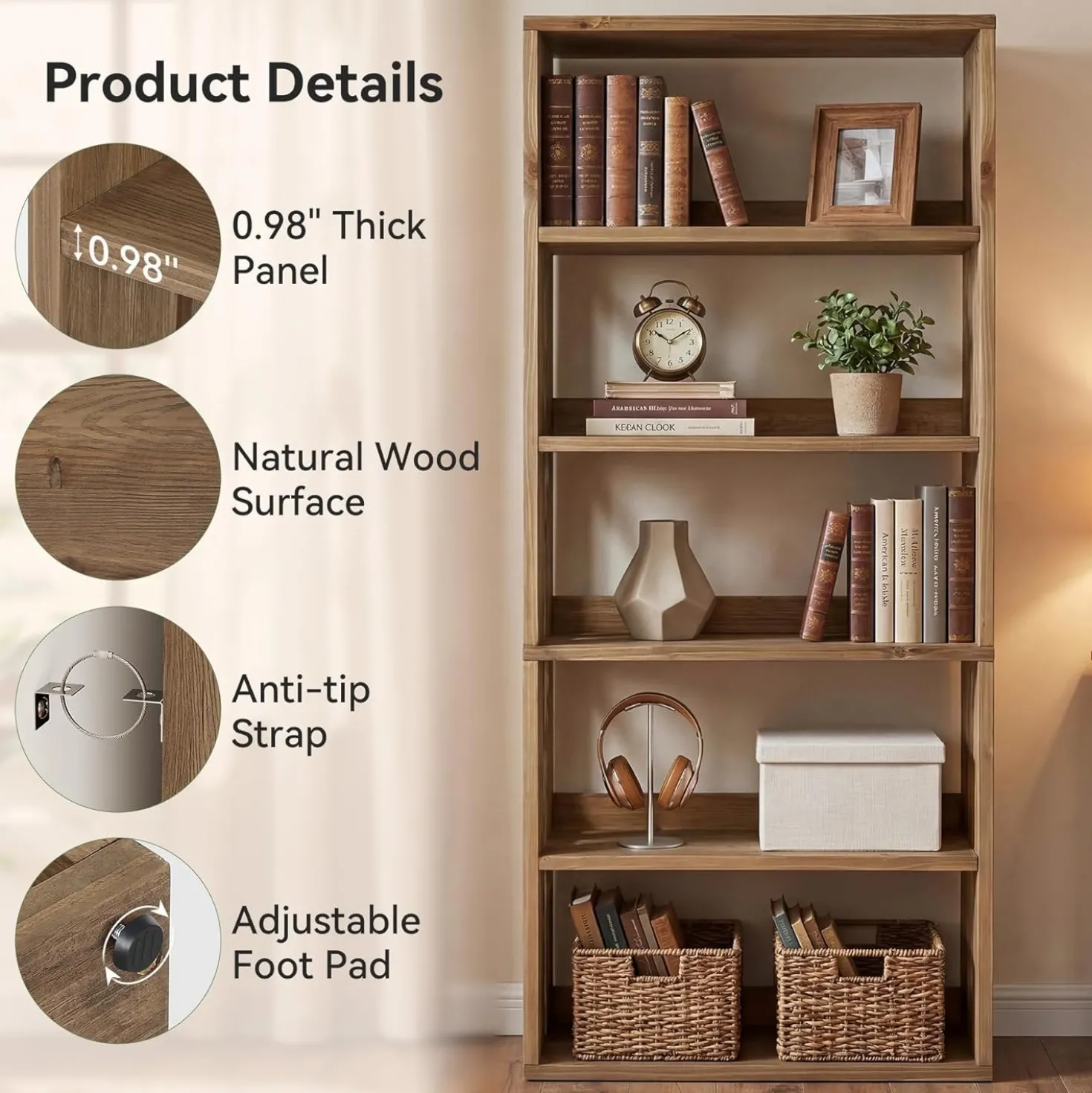 70.8" Tall Bookcase,5-Tier Solid Wood Bookshelf Display Rack for Living Room