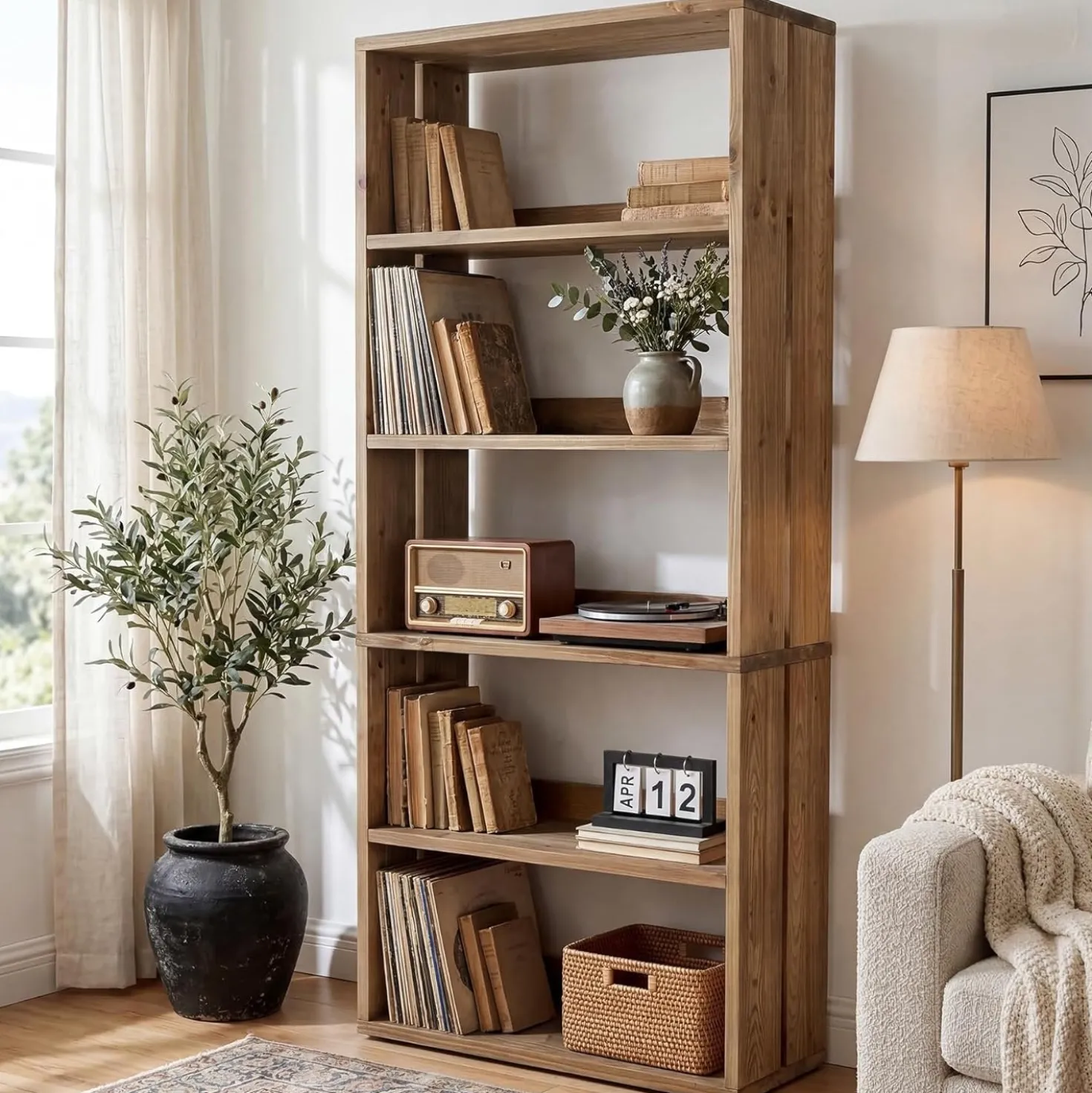 70.8" Tall Bookcase,5-Tier Solid Wood Bookshelf Display Rack for Living Room