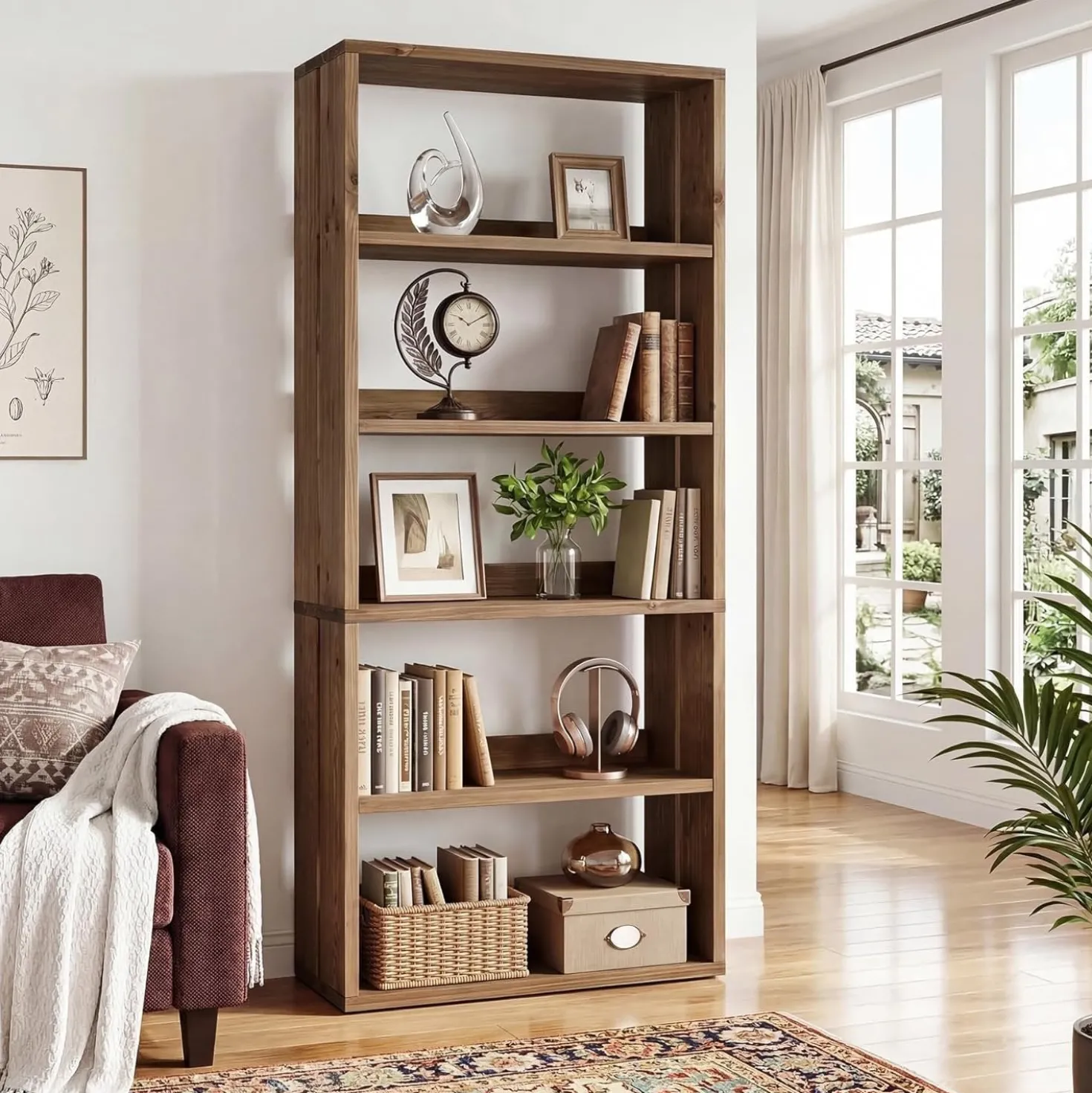 70.8" Tall Bookcase,5-Tier Solid Wood Bookshelf Display Rack for Living Room