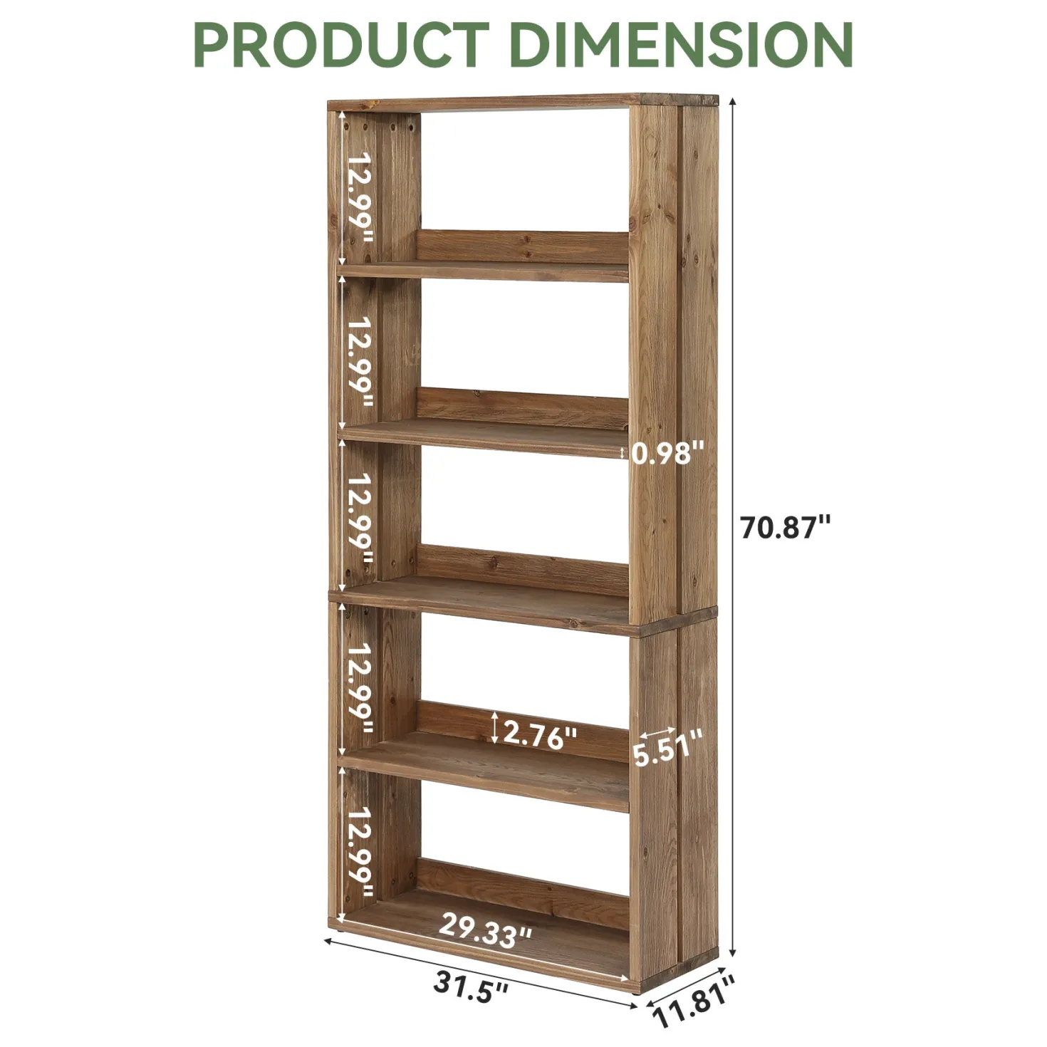 70.8" Tall Bookcase,5-Tier Solid Wood Bookshelf Display Rack for Living Room