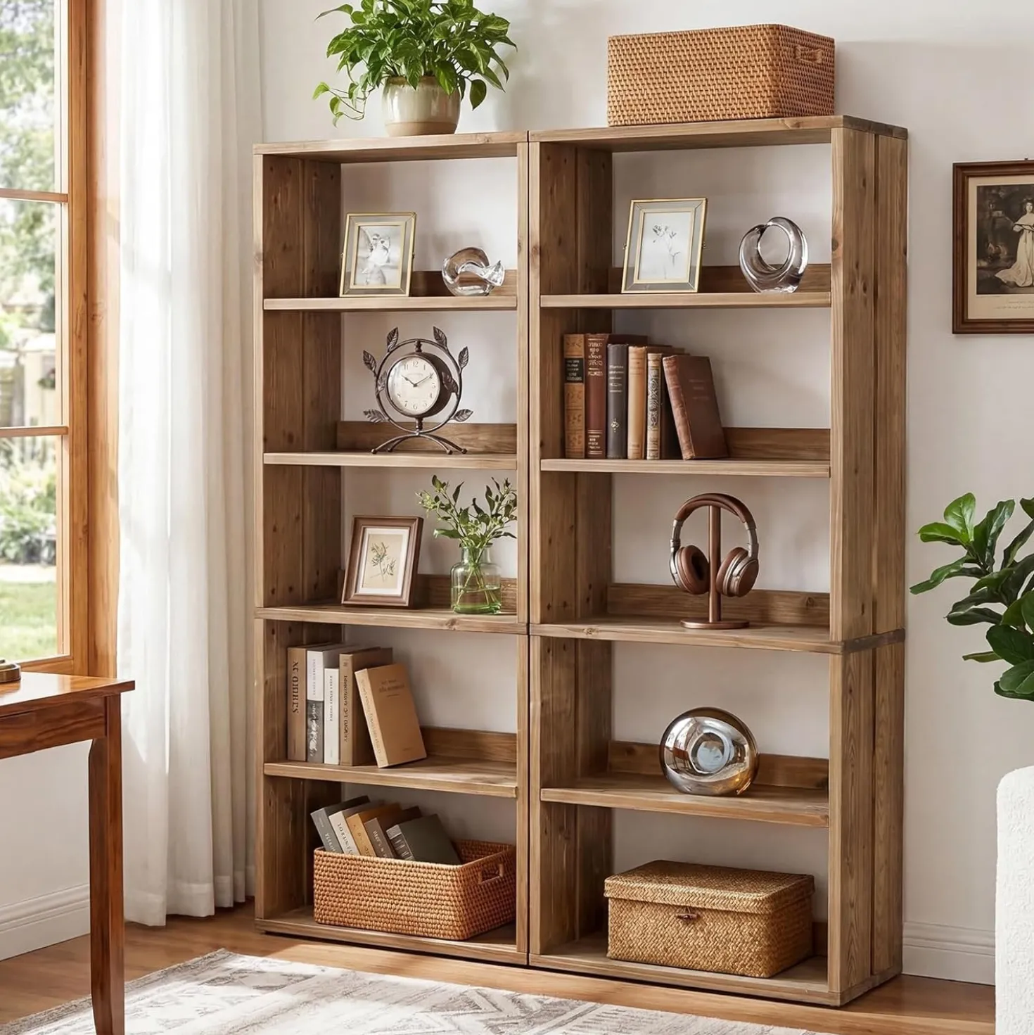 70.8" Tall Bookcase,5-Tier Solid Wood Bookshelf Display Rack for Living Room