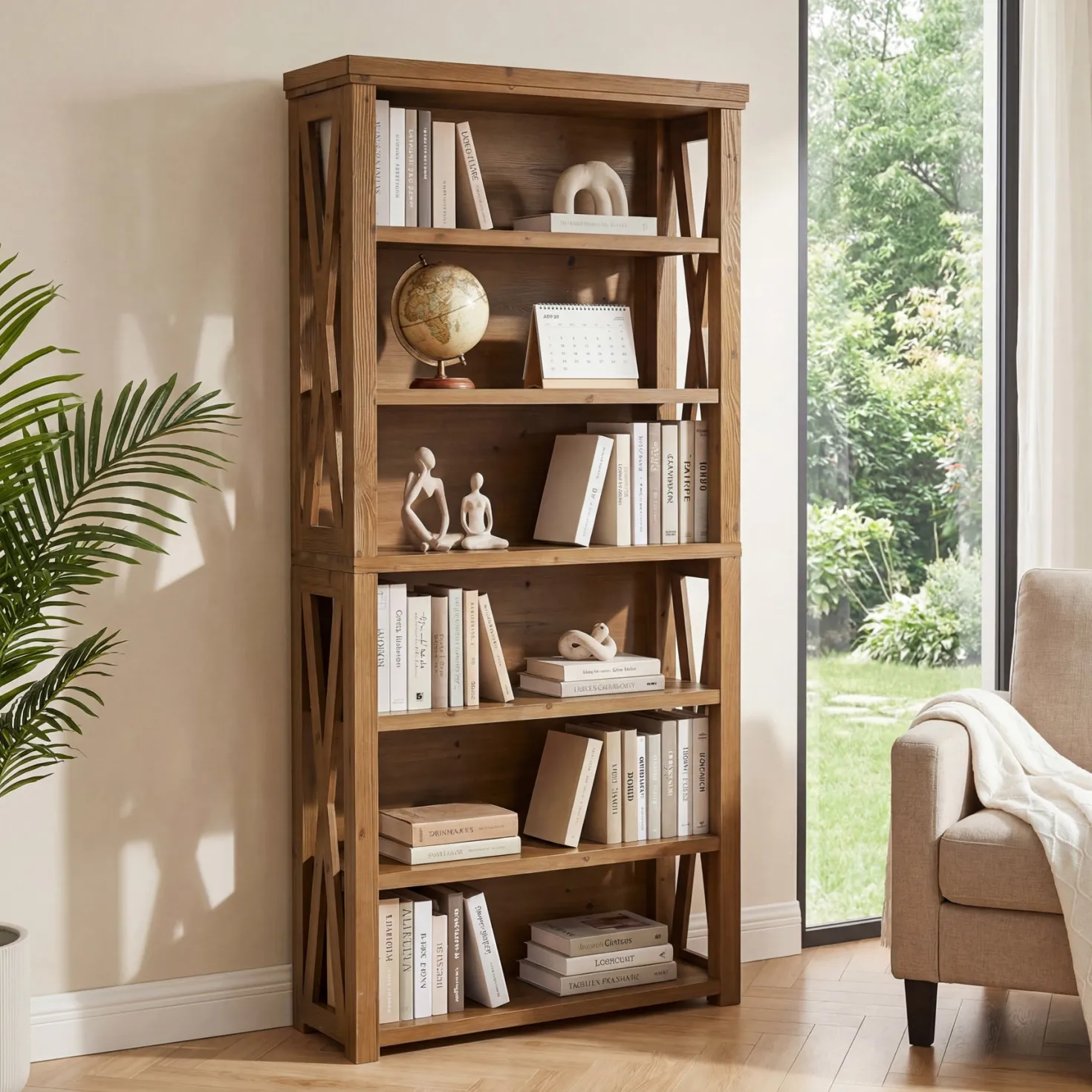 72" Tall Bookshelf, 6-Tier Solid Wood Bookcase with Open Shelves