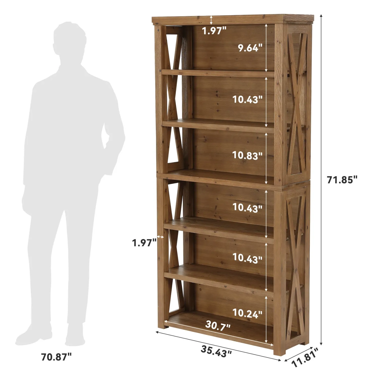 72" Tall Bookshelf, 6-Tier Solid Wood Bookcase with Open Shelves