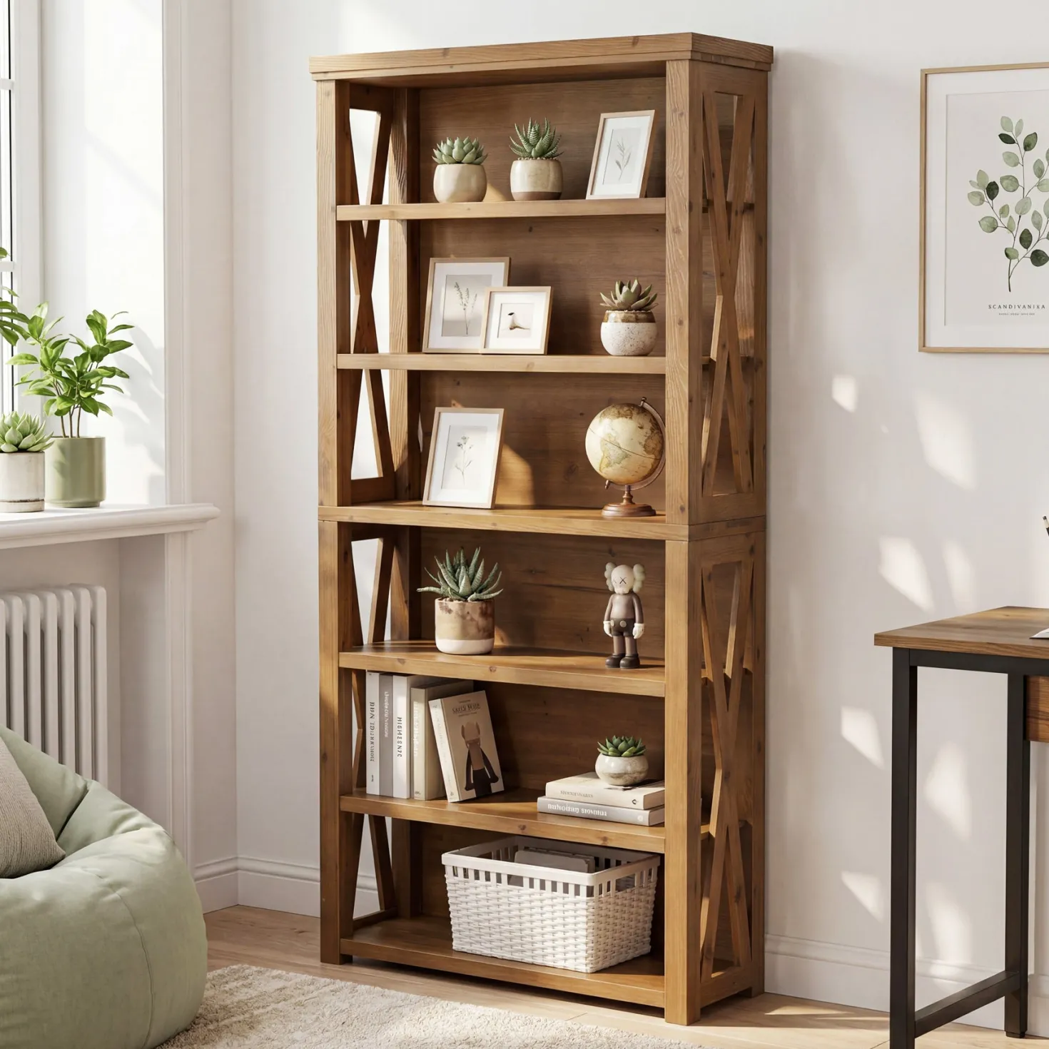 72" Tall Bookshelf, 6-Tier Solid Wood Bookcase with Open Shelves