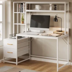 60" Tall Computer Desk Writing Table with 2 Drawers and Storage Shelves