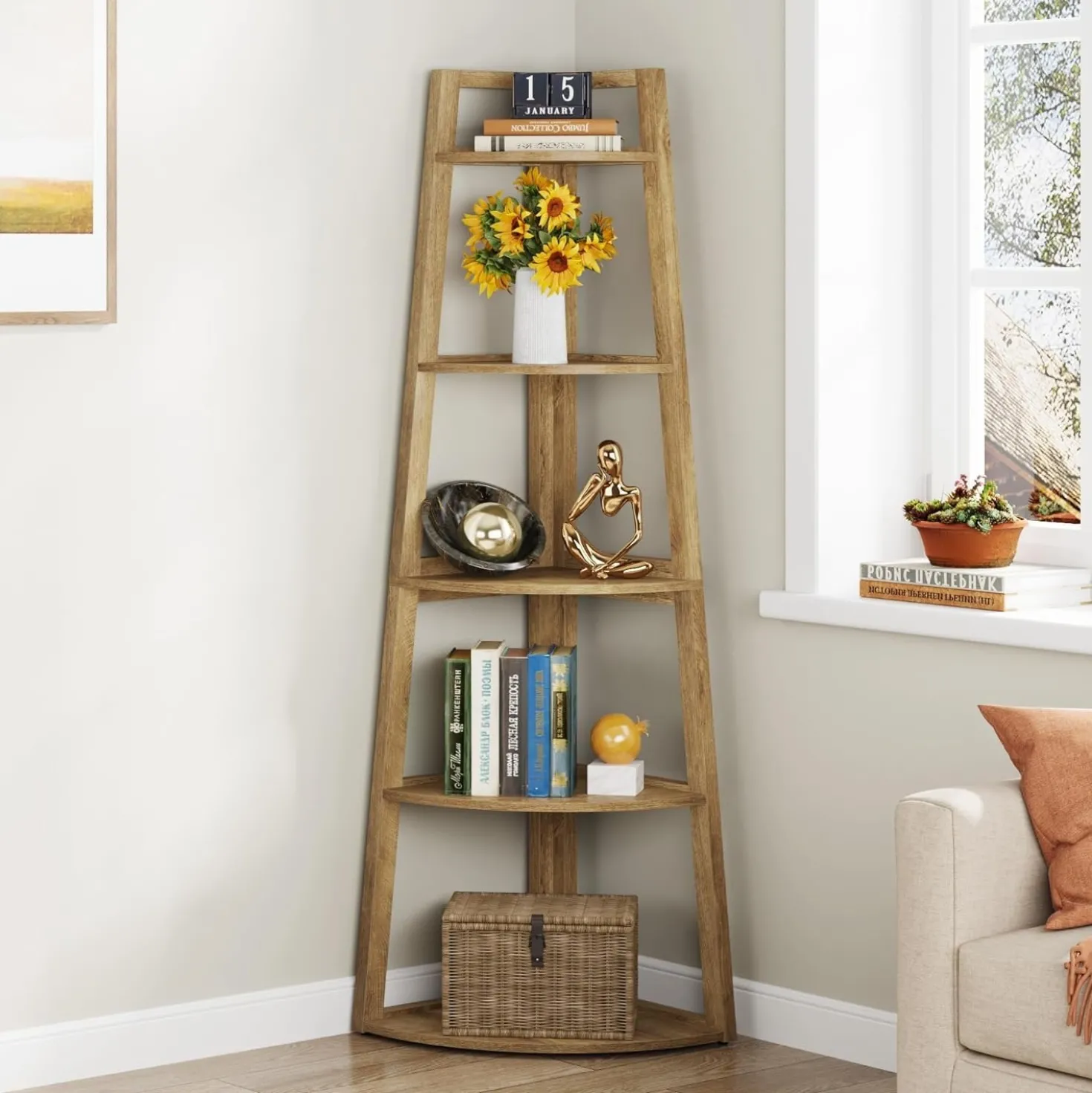 70" Tall Corner Bookshelf, 5 Tier Modern Corner Bookcase Ladder Shelf Plant Stand