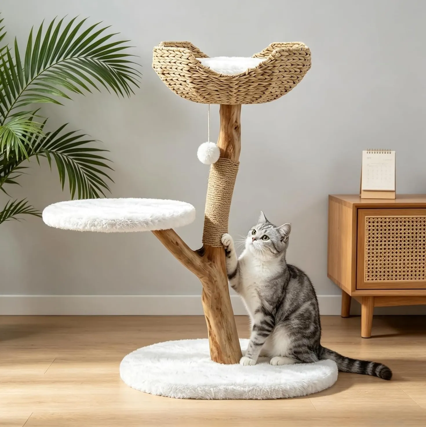 35" Tall Solid Wood Cat Tree, Boho Cat Tower with Cat Ear Wicker Basket Bed with Real Branch Design