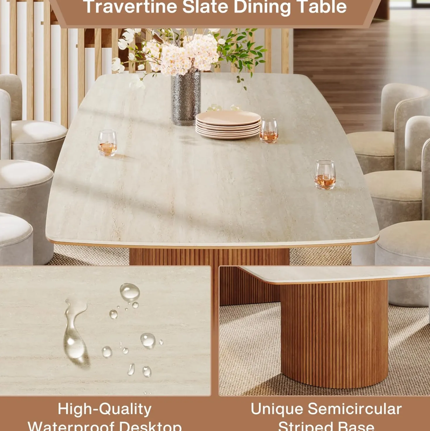 78.7" Travertine Slab Dining Table With Semi-Circular Stripe Base