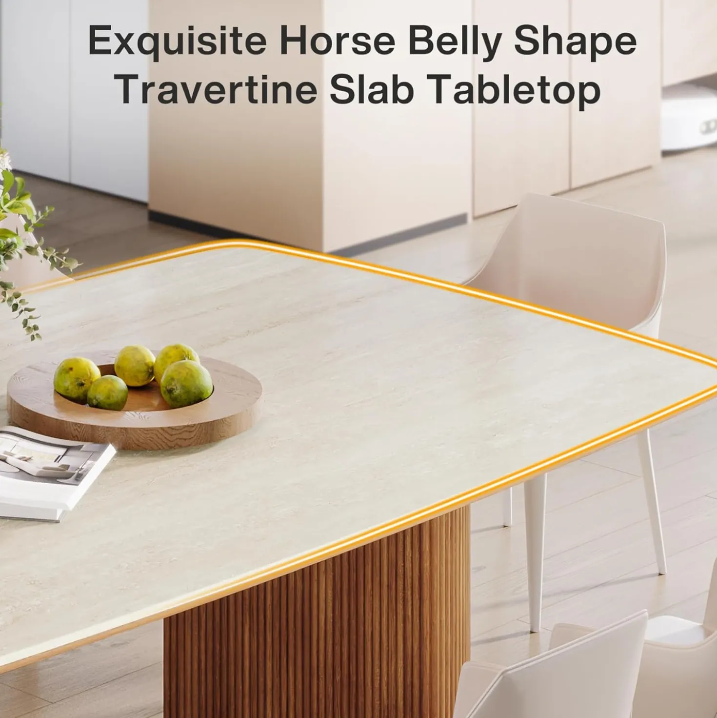 78.7" Travertine Slab Dining Table With Semi-Circular Stripe Base