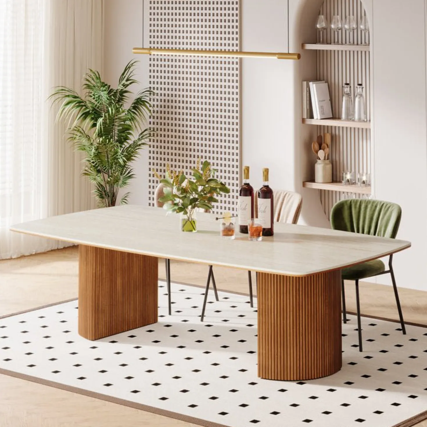 78.7" Travertine Slab Dining Table With Semi-Circular Stripe Base
